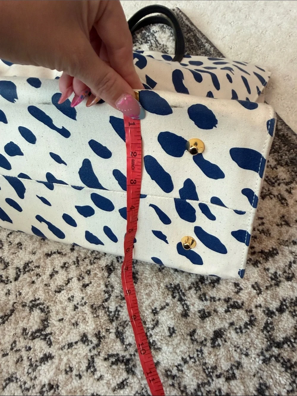 Clare V. Canvas Spot Tote with Navy Spots and Black Handles